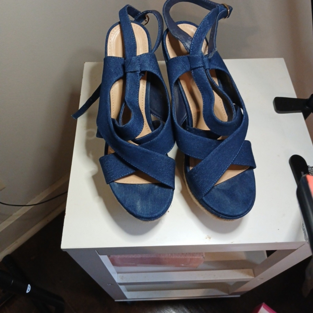 Shoe Dazzle Blue Espadrille Wedge Sandals